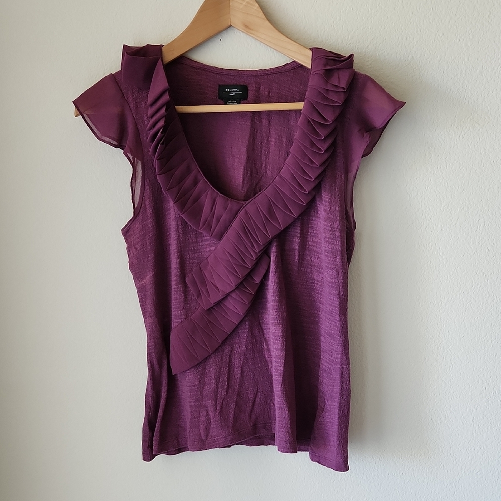 Anthropologie DELETTA Purple Ruffle Blouse Sheer Cap Sleeves100% Cotton  Sz S